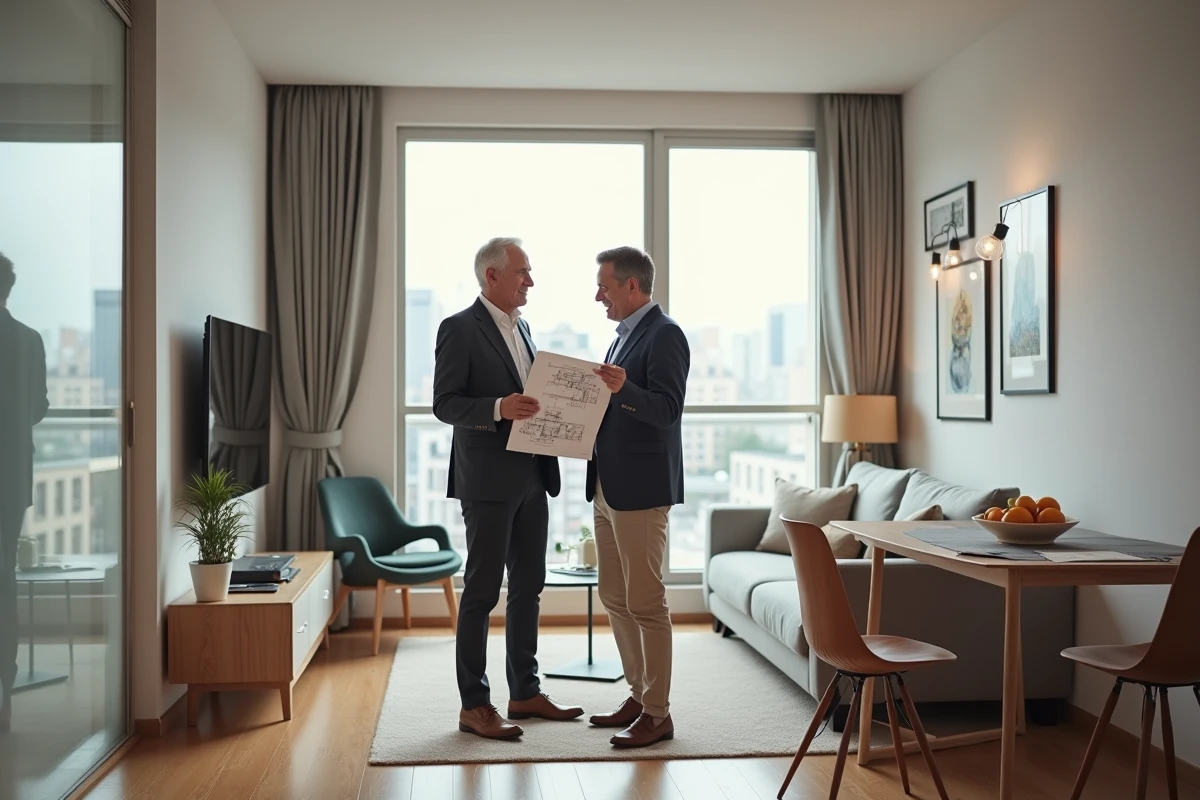 Couple mature examinant un plan d aménagement dans un appartement