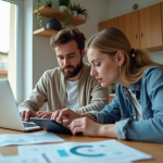 Jeune couple en cuisine avec calculatrice et graphiques