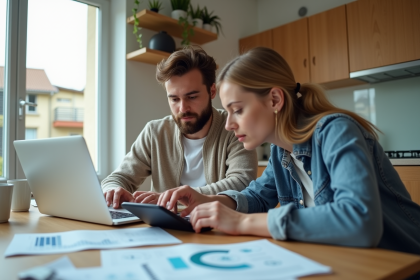 Jeune couple en cuisine avec calculatrice et graphiques