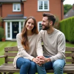 Jeune couple souriant dans leur jardin paisible