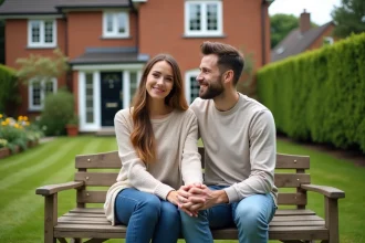 Jeune couple souriant dans leur jardin paisible
