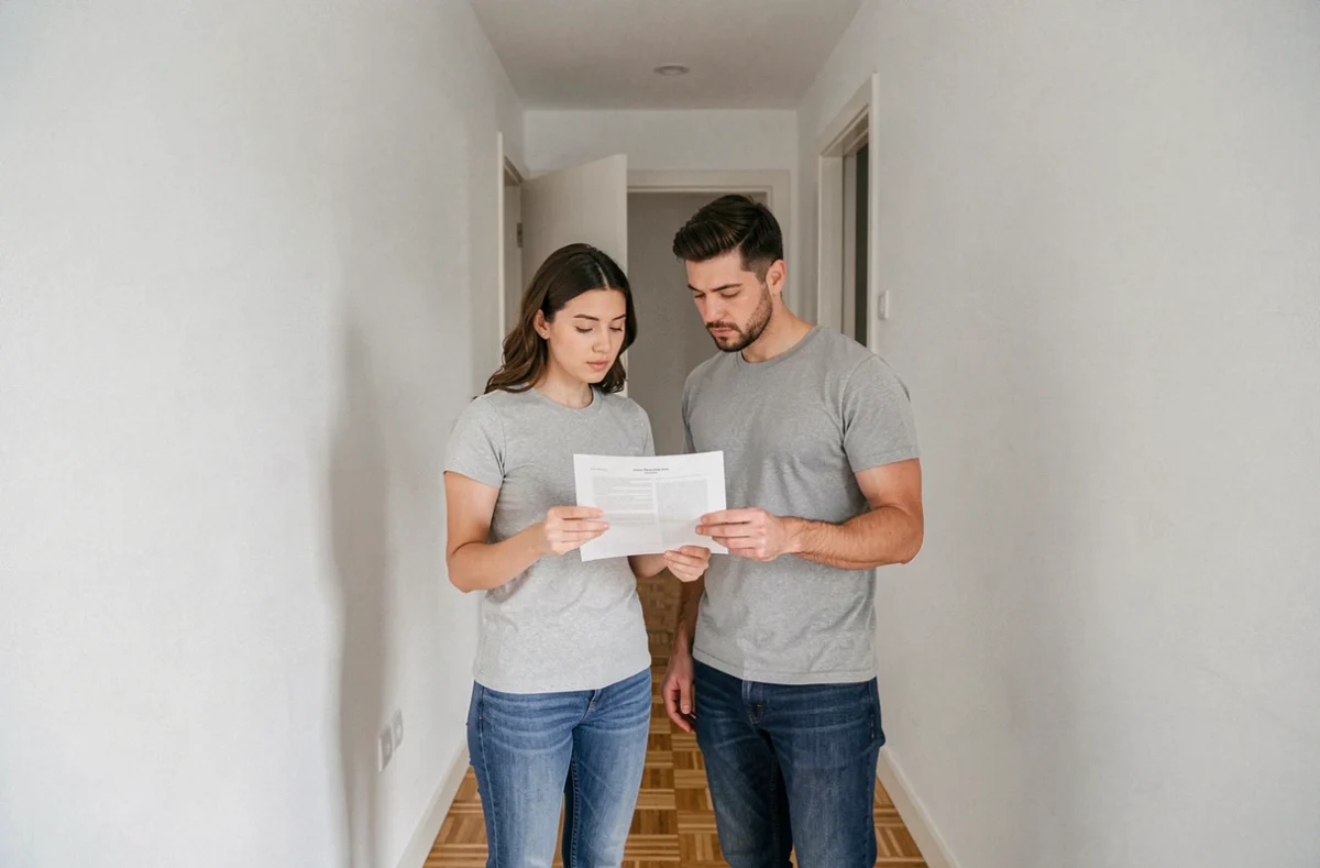 Couple de locataires examinant un contrat d'assurance habitation dans un appartement vide avant emménagement