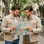 Couple étudiant une carte de quartier lors d'une recherche de projet immobilier dans une rue résidentielle urbaine