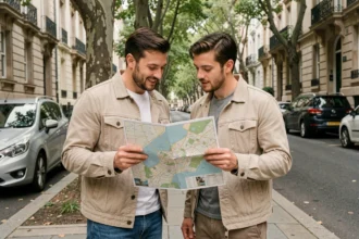Couple étudiant une carte de quartier lors d'une recherche de projet immobilier dans une rue résidentielle urbaine