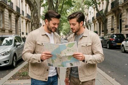 Couple étudiant une carte de quartier lors d'une recherche de projet immobilier dans une rue résidentielle urbaine