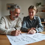 Couple examinant des documents immobiliers relatifs à la revente d'un bien acheté avec un prêt à taux zéro