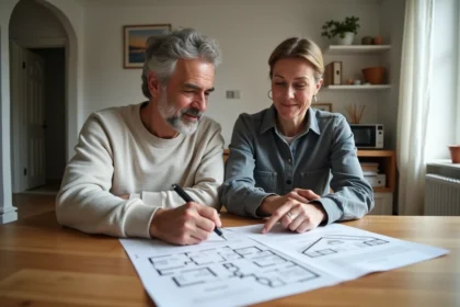 Couple examinant des documents immobiliers relatifs à la revente d'un bien acheté avec un prêt à taux zéro