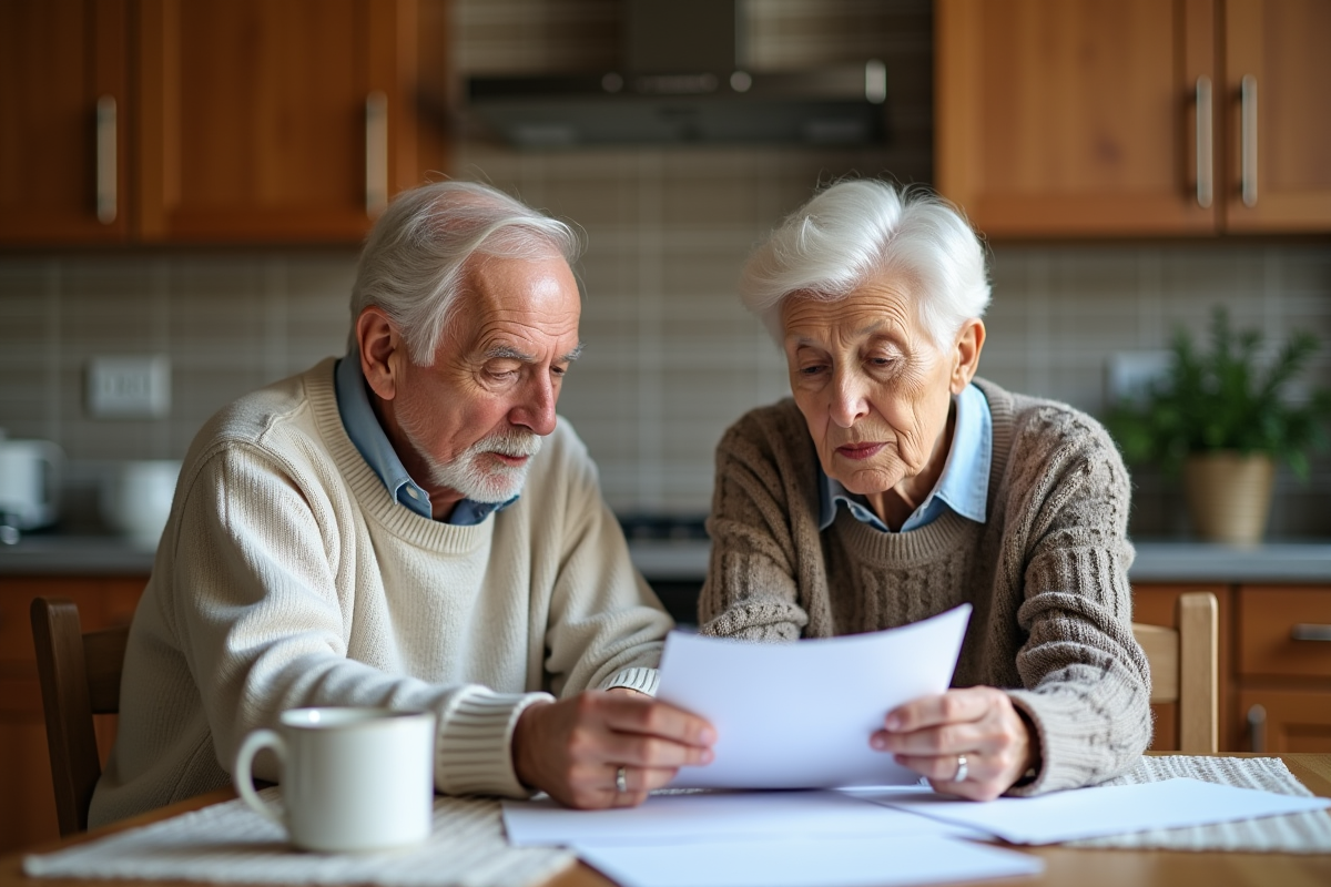 Couple d seniors examinant des papiers à la maison