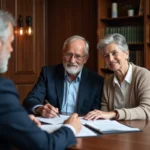 Couple de seniors discutant des frais de notaire pour un viager avec un notaire dans un bureau officiel