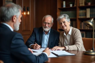 Couple de seniors discutant des frais de notaire pour un viager avec un notaire dans un bureau officiel