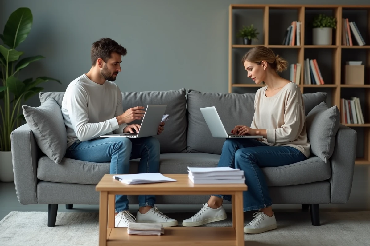 Couple en séparation assis à distance l'un de l'autre avec des documents de crédit immobilier en indivision sur un canapé