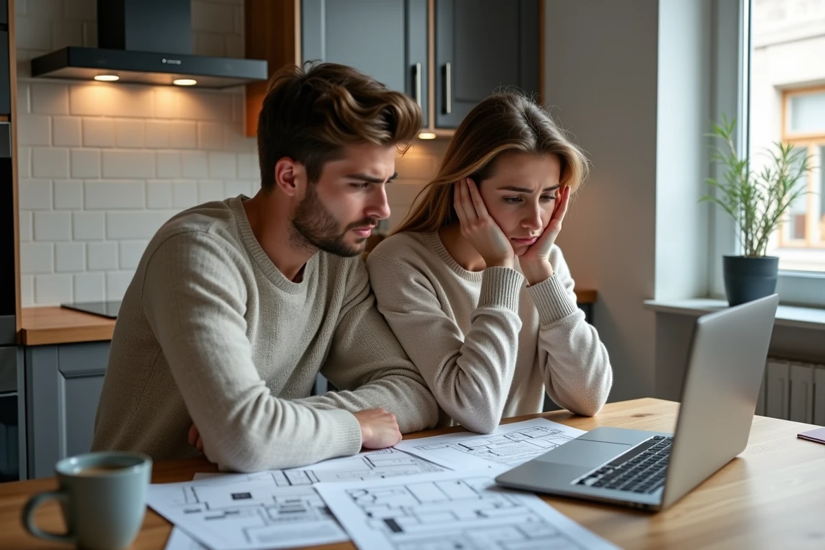 Couple vérifiant la réputation d'un promoteur immobilier en ligne avant l'achat d'un appartement