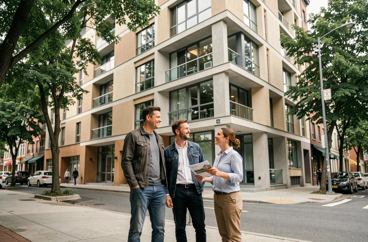 Couple visitant un immeuble résidentiel avec un agent immobilier dans le cadre d'une stratégie de patrimoine