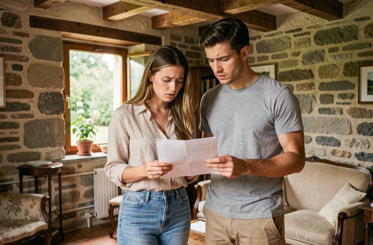 Couple découvrant une petite maison avec jardin en location dans le Puy-de-Dôme, exprimant une déception face aux erreurs d'une annonce immobilière