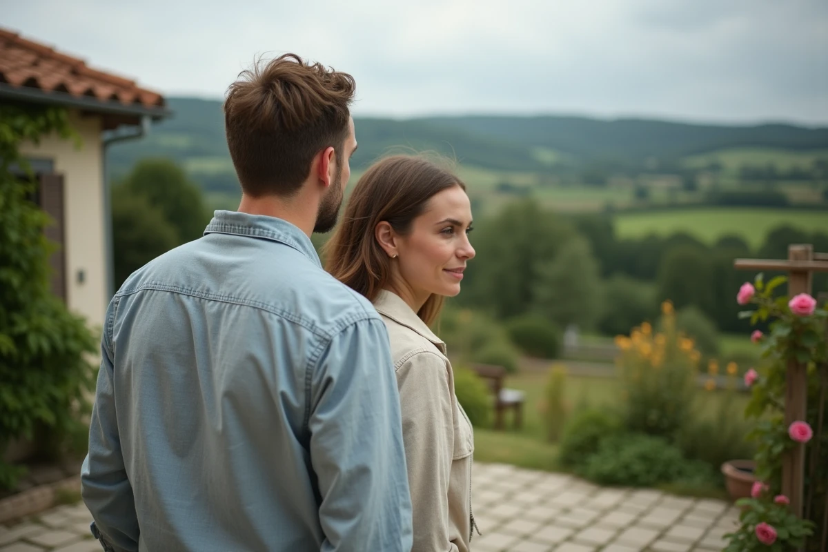 Couple visitant une petite maison avec jardin à louer en Saône-et-Loire 71, terrasse pavée et rosier grimpant