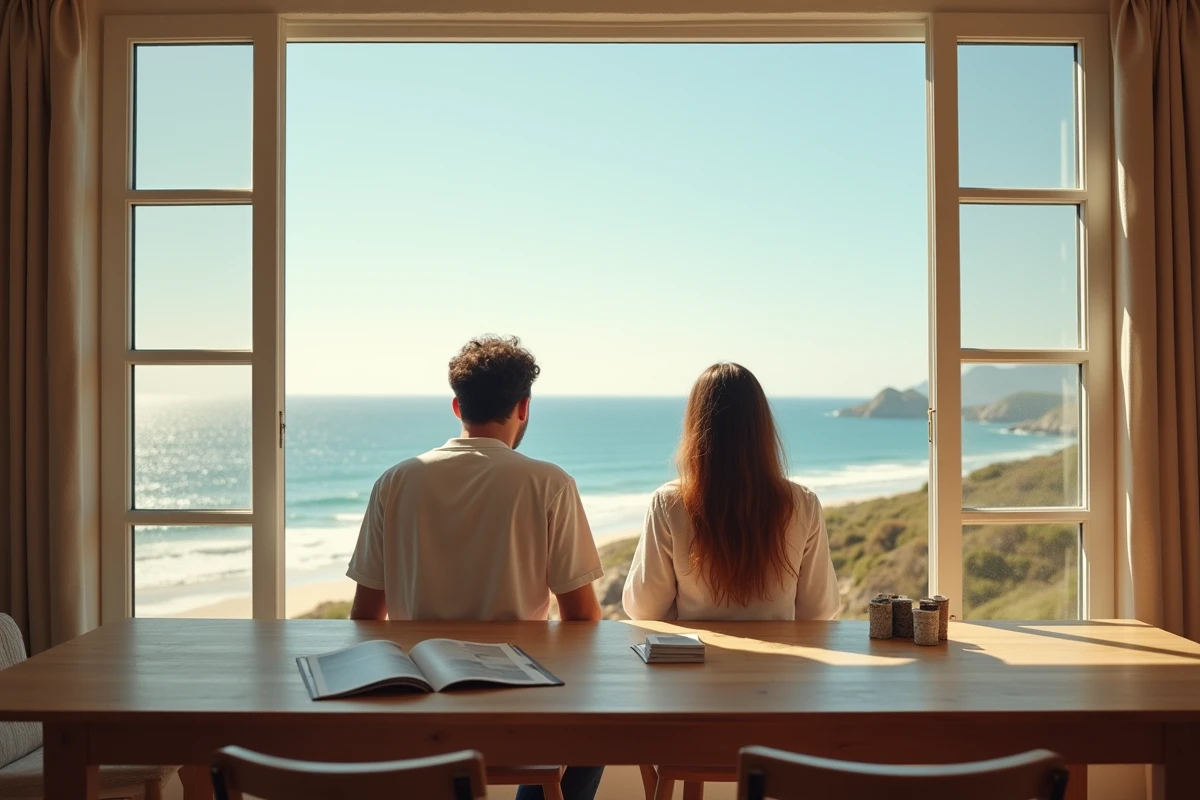 Jeune couple regardant par une grande fenêtre dans une maison en bord de mer