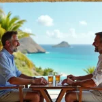 Couple souriant sur terrasse avec vue mer à St Barthélemy