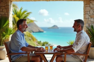 Couple souriant sur terrasse avec vue mer à St Barthélemy