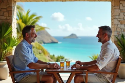 Couple souriant sur terrasse avec vue mer à St Barthélemy