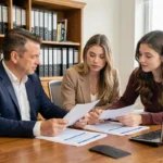 Courtier en assurance habitation conseillant un couple dans son bureau professionnel