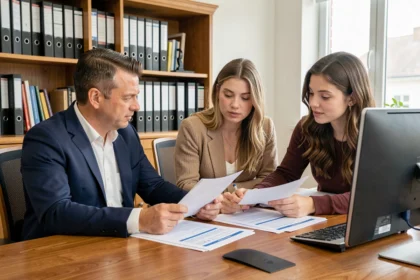 Courtier en assurance habitation conseillant un couple dans son bureau professionnel