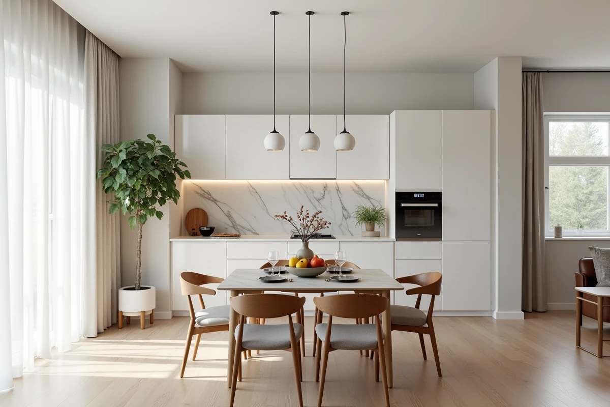 Cuisine et salle à manger en home staging photographiées pour une visite virtuelle immobilière 360