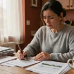 Femme gérant seule ses déclarations de loyers CAF sur une table couverte de documents administratifs