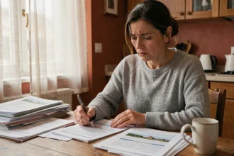 Femme gérant seule ses déclarations de loyers CAF sur une table couverte de documents administratifs