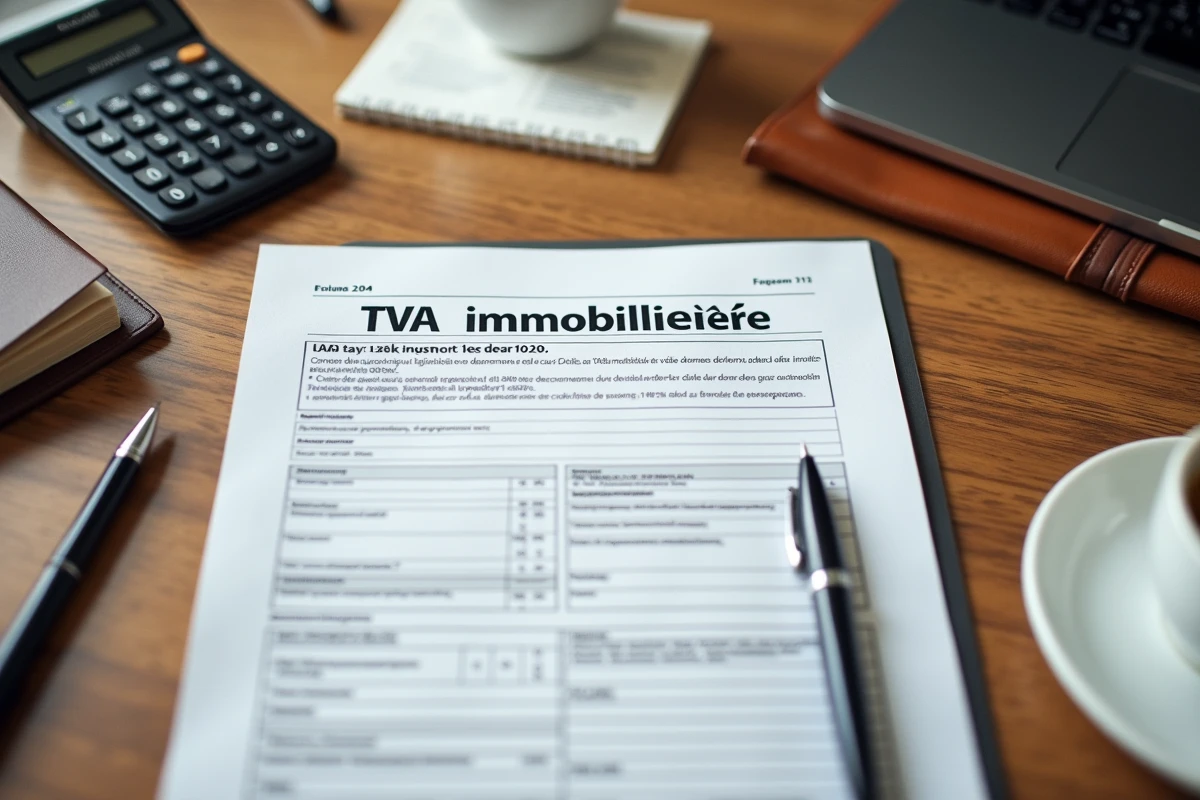 Gros plan sur une déclaration de TVA immobilière et des documents fiscaux sur un bureau en bois pour un marchand de biens