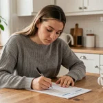 Jeune femme locataire remplissant un formulaire de demande d'assurance habitation à la table de sa cuisine