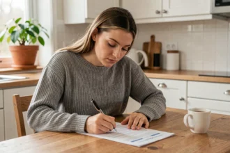 Jeune femme locataire remplissant un formulaire de demande d'assurance habitation à la table de sa cuisine