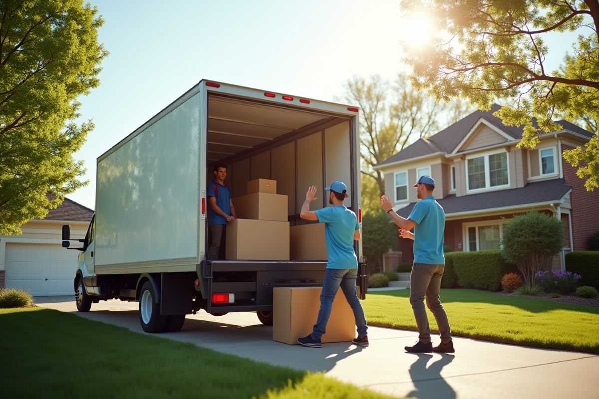 Camion de déménagement devant une maison avec voisins souriants