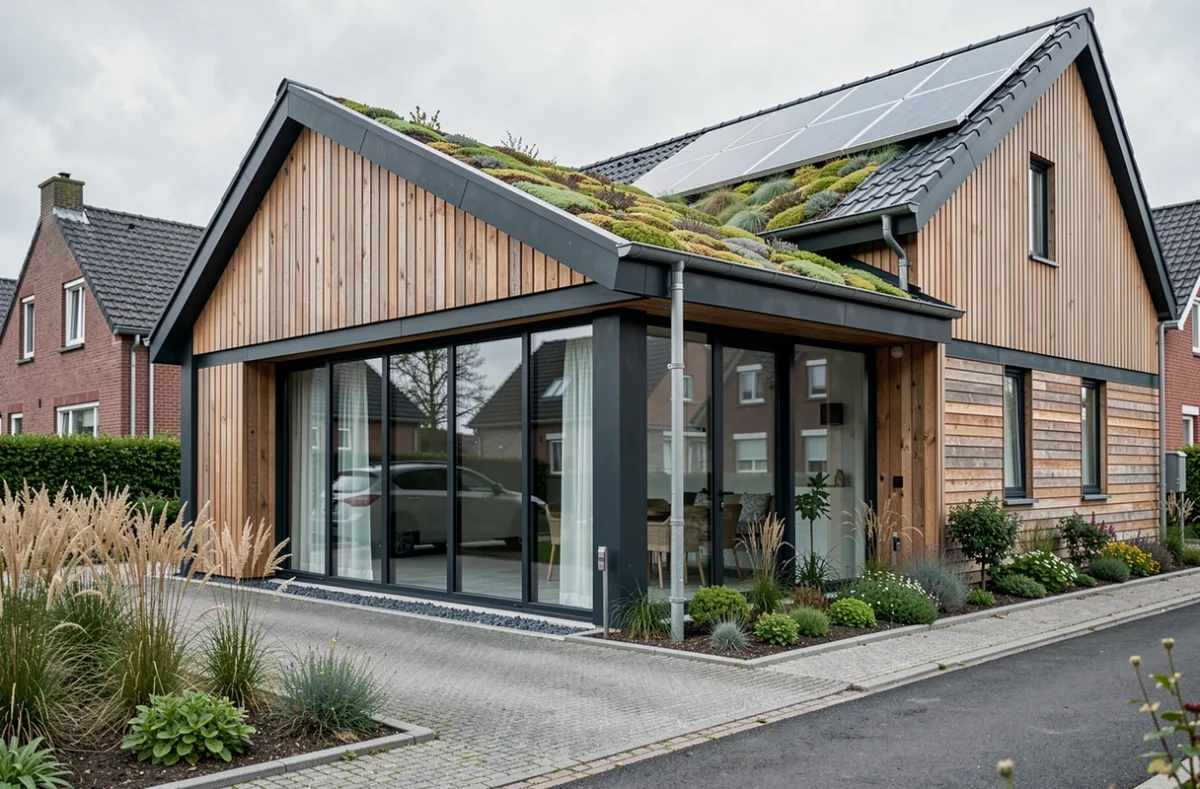 Maison design et durable avec toiture végétalisée et panneaux solaires dans la région lilloise