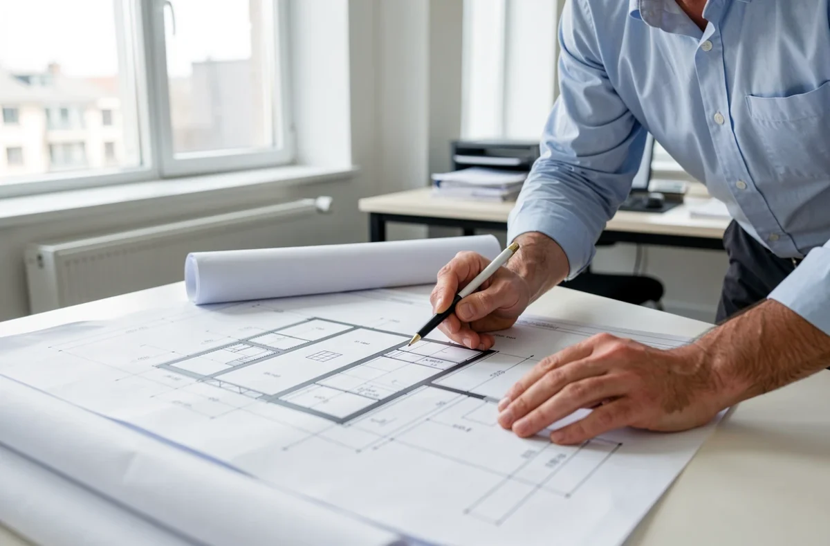 Deux professionnels examinant des plans d'immeuble sur une table de bureau