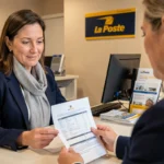 Femme obtenant un devis d'assurance habitation auprès d'un conseiller La Poste en agence