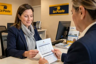 Femme obtenant un devis d'assurance habitation auprès d'un conseiller La Poste en agence