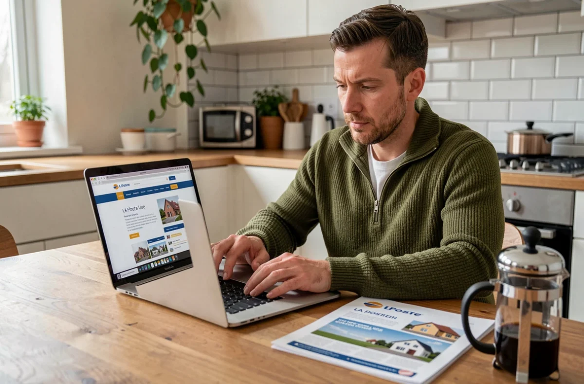 Homme faisant une demande de devis assurance habitation La Poste en ligne depuis son domicile