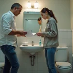 Homme et femme discutent près d'un lavabo cassé dans une salle de bain