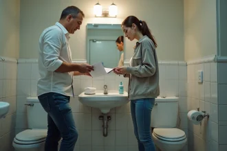 Homme et femme discutent près d'un lavabo cassé dans une salle de bain