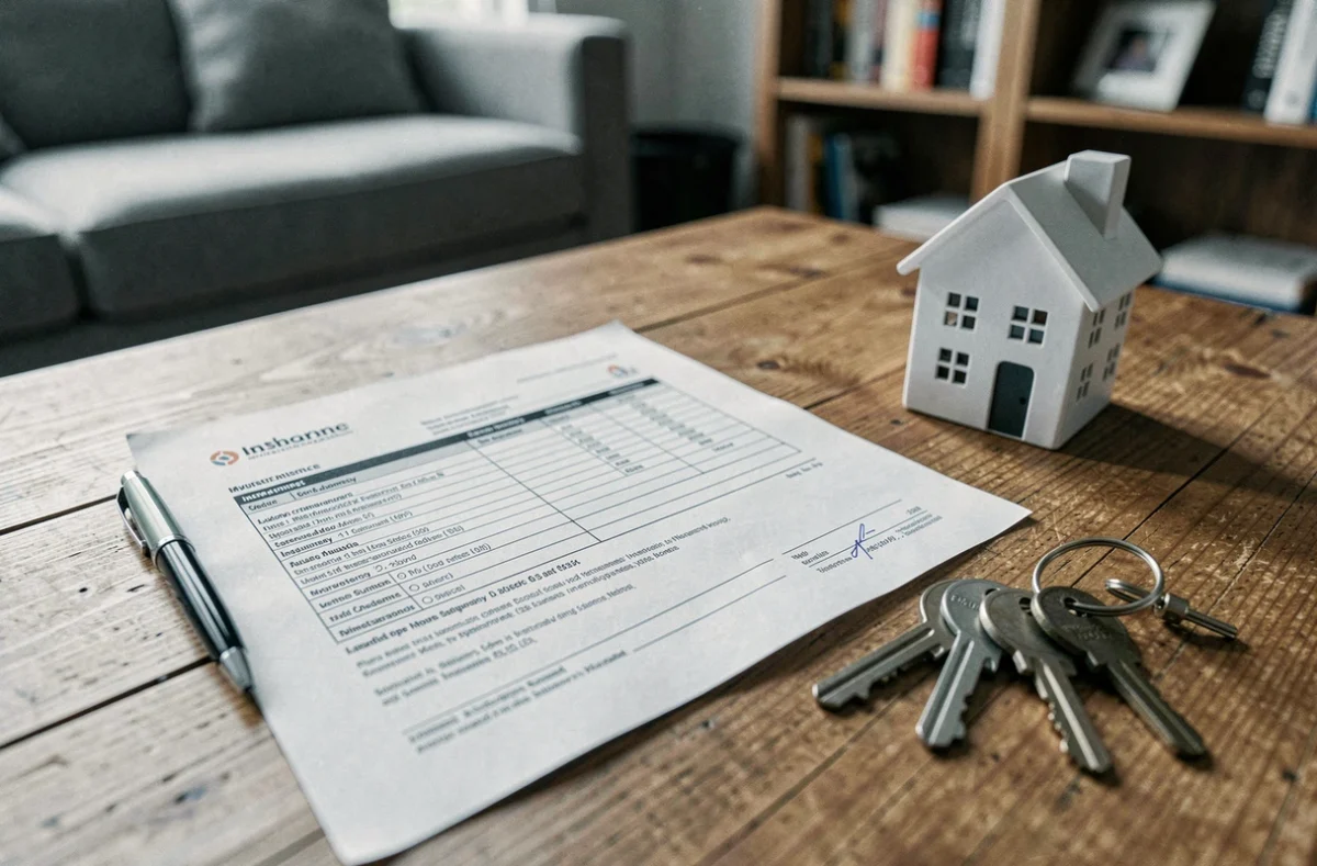 Documents d'assurance habitation avec clés et figurine de maison sur une table en bois