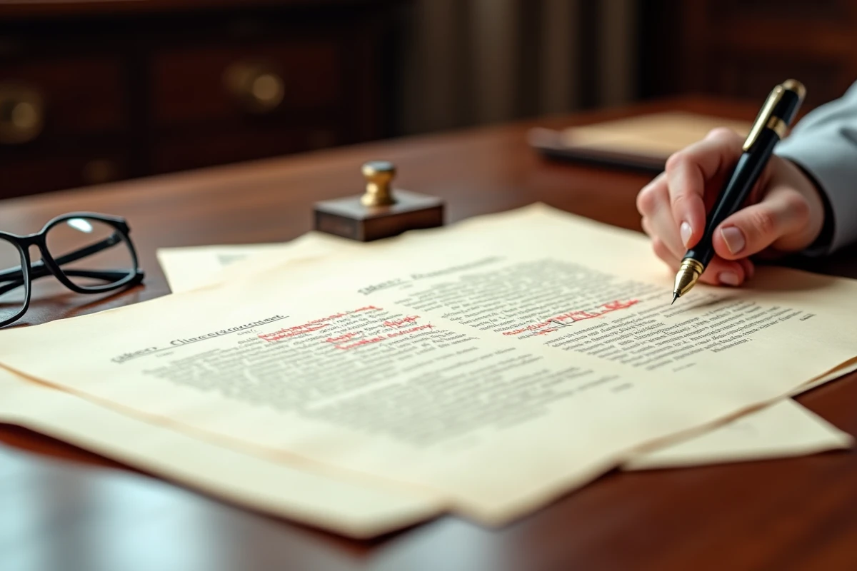 Gros plan sur des documents notariaux à Limoges avec annotations en rouge signalant une erreur