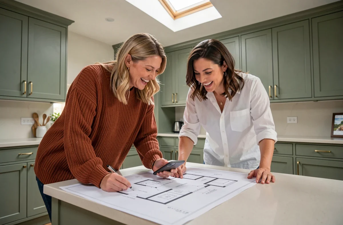 Deux femmes collaborant sur un projet de décoration intérieure avec une application mobile dans une cuisine moderne