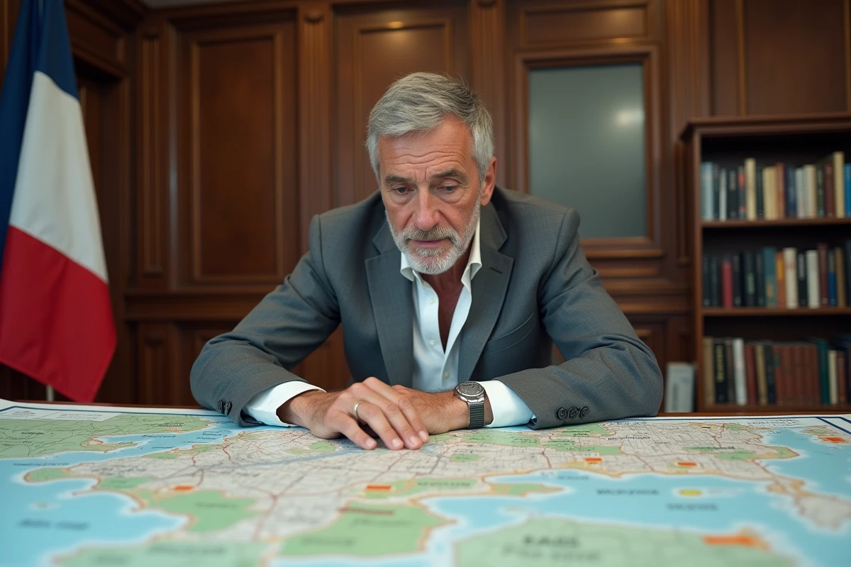 Élu municipal étudiant une carte de zonage tendu dans une salle de réunion de mairie française