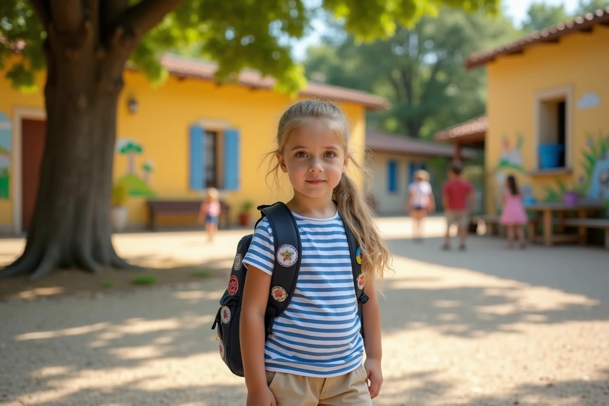 Petite fille devant l'entrée d'une école primaire dans le sud de la France à la rentrée scolaire