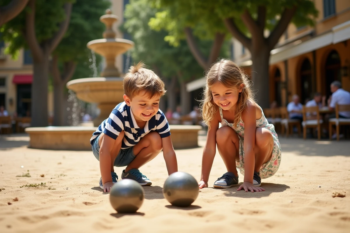 Enfants jouant à la pétanque sur une place ombragée d'une ville provençale, loisirs familiaux dans le sud
