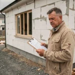 Entrepreneur en bâtiment examinant une maison avec des travaux non conformes et tenant des documents administratifs
