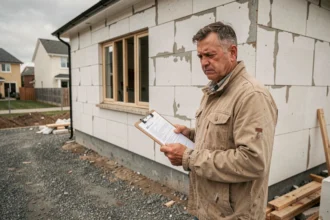 Entrepreneur en bâtiment examinant une maison avec des travaux non conformes et tenant des documents administratifs