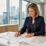 Agente immobilière analysant une estimation locative de prestige dans une agence haut de gamme avec vue sur la ville
