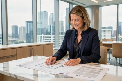 Agente immobilière analysant une estimation locative de prestige dans une agence haut de gamme avec vue sur la ville