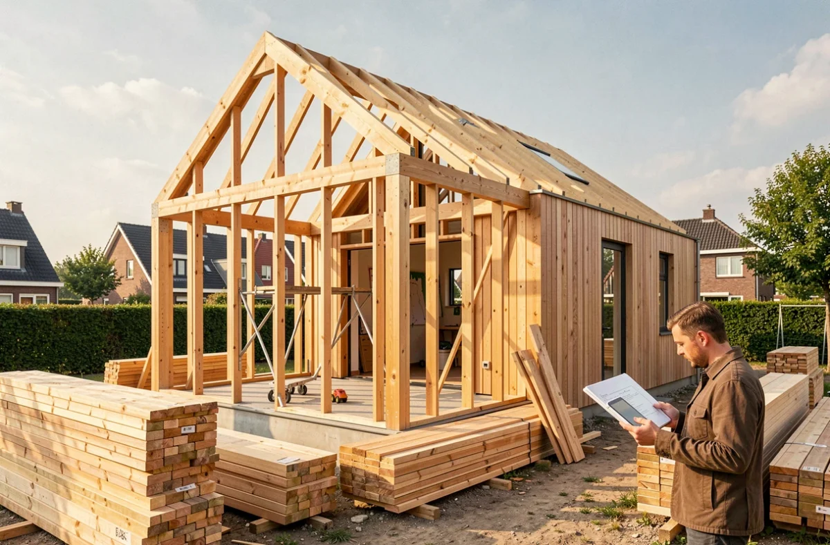 Maison en bois en cours de construction à Lille avec structure en ossature bois visible